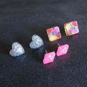 Colorful fruit, silver holographic heart, and pink faux opal studs earrings set